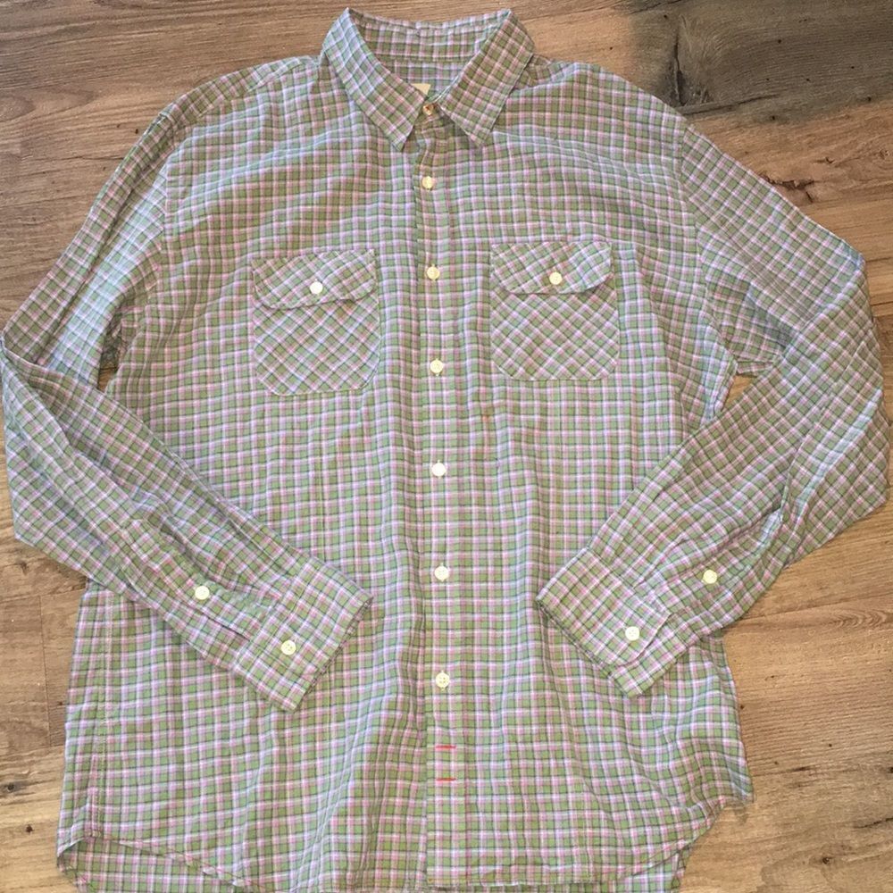 Pink Green Plaid Linen Cotton Work Chest Shirt L